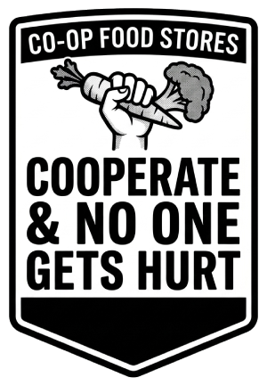 no_one_hurt Icon badge that says "Co-op Food Stores - Cooperate and No One Gets Hurt" with fist holding veggies
