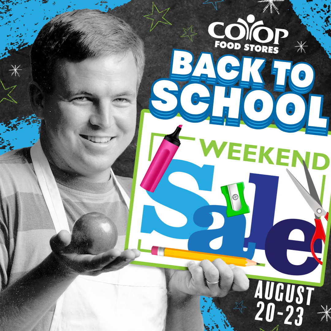 weekend_sale_bts_2026 Logo for Back to School weekend sale combined with old black and white image of Co-op employee