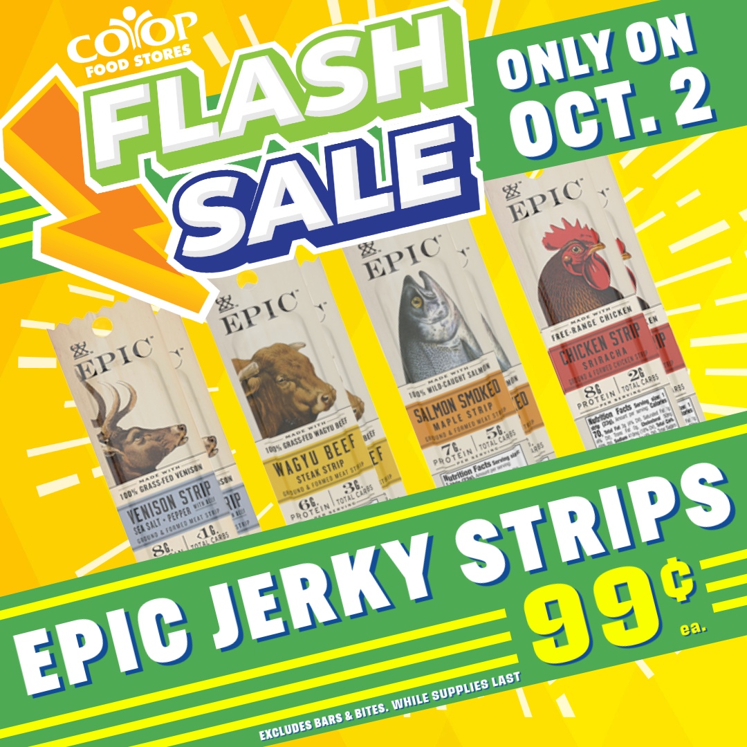 Photos of Epic Jerky Strips with Flash Sale logo on bright yellow and orange background