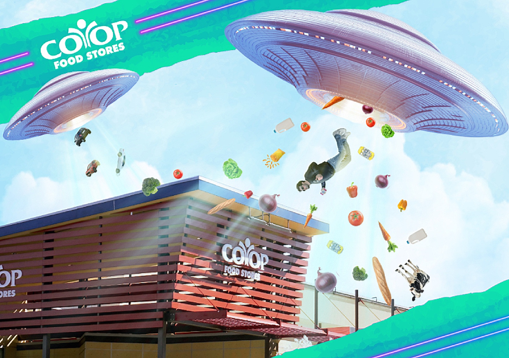 Photo illustration of UFOs over the Hanover store with flying Co-op employee and a wide variety of food. Yes, we're being totally serious right now.