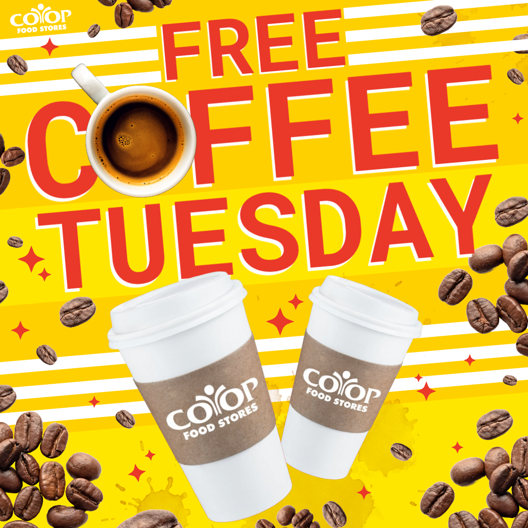 Cups of coffee with words "free coffee Tuesday" and photos of coffee beans on colorful background