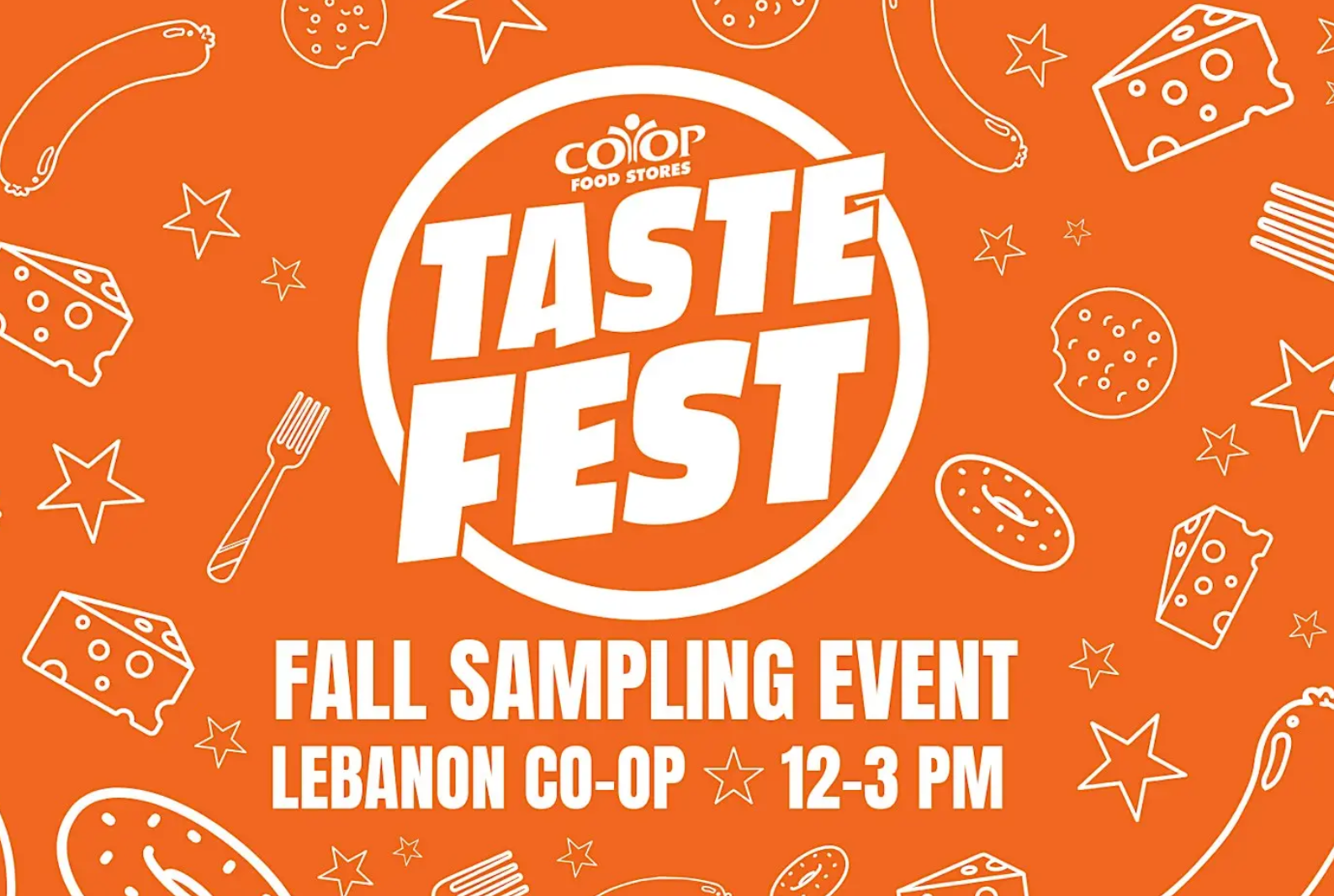 The words "Taste Fest" in a circle on an orange background with white line art of food images.