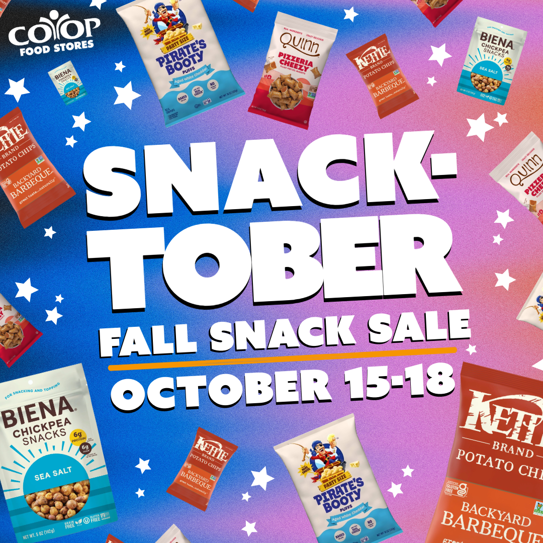Photos of snack foods in the original packaging on colorful background with white stars